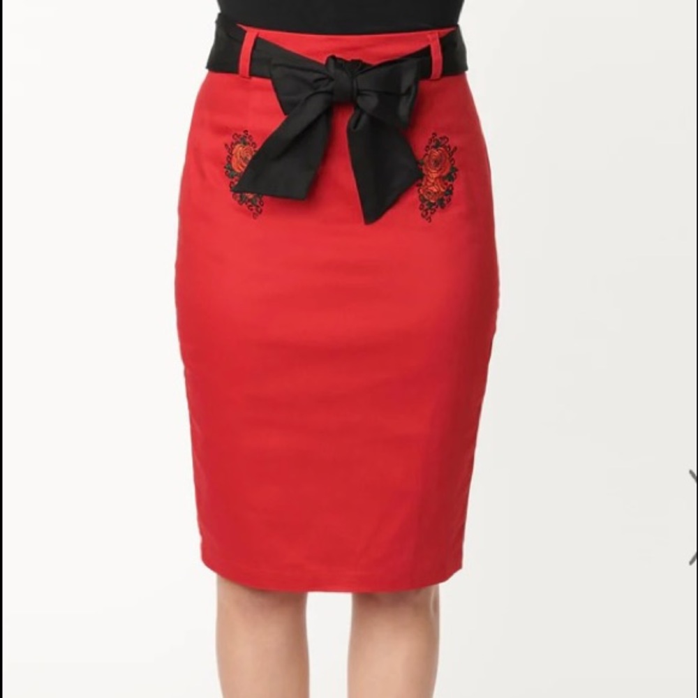 Red & Spanish Rose Pencil Skirt